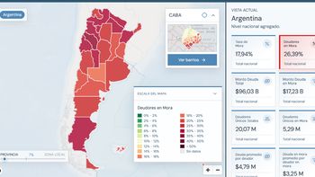Mapa de la deuda en Argentina. El 26,39% de los deudores está en mora a nivel nacional.