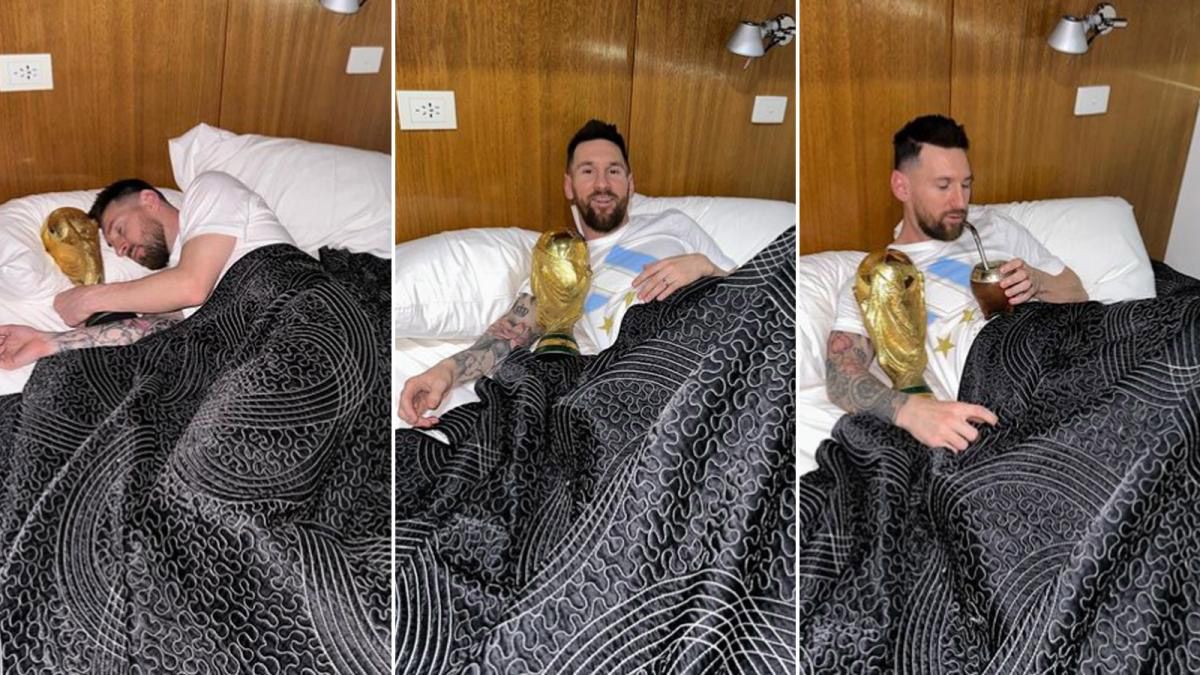 Lionel Messi amaneci abrazado a la Copa del Mundo en el predio de