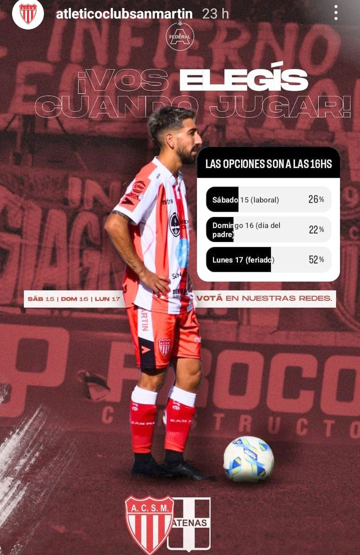 El partido entre San Martín y Atenas se jugará el próximo lunes a las 16. La dirigencia chacarera decidió día y horario a través de una encuesta a los hinchas en sus redes sociales. 