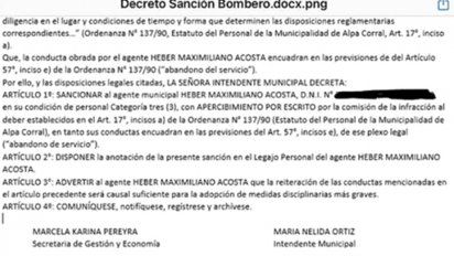 Vecinos repudian la sanción del Municipio a un bombero alpacorralense