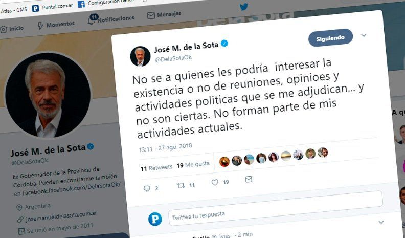 Captura del tuit de De la Sota donde desmiente cualquier tipo de actividad política.