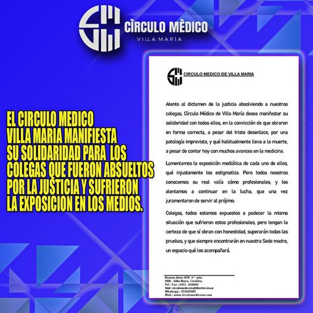 Caso Ñañez: el Circulo Médico local se solidarizó con los médicos absueltos